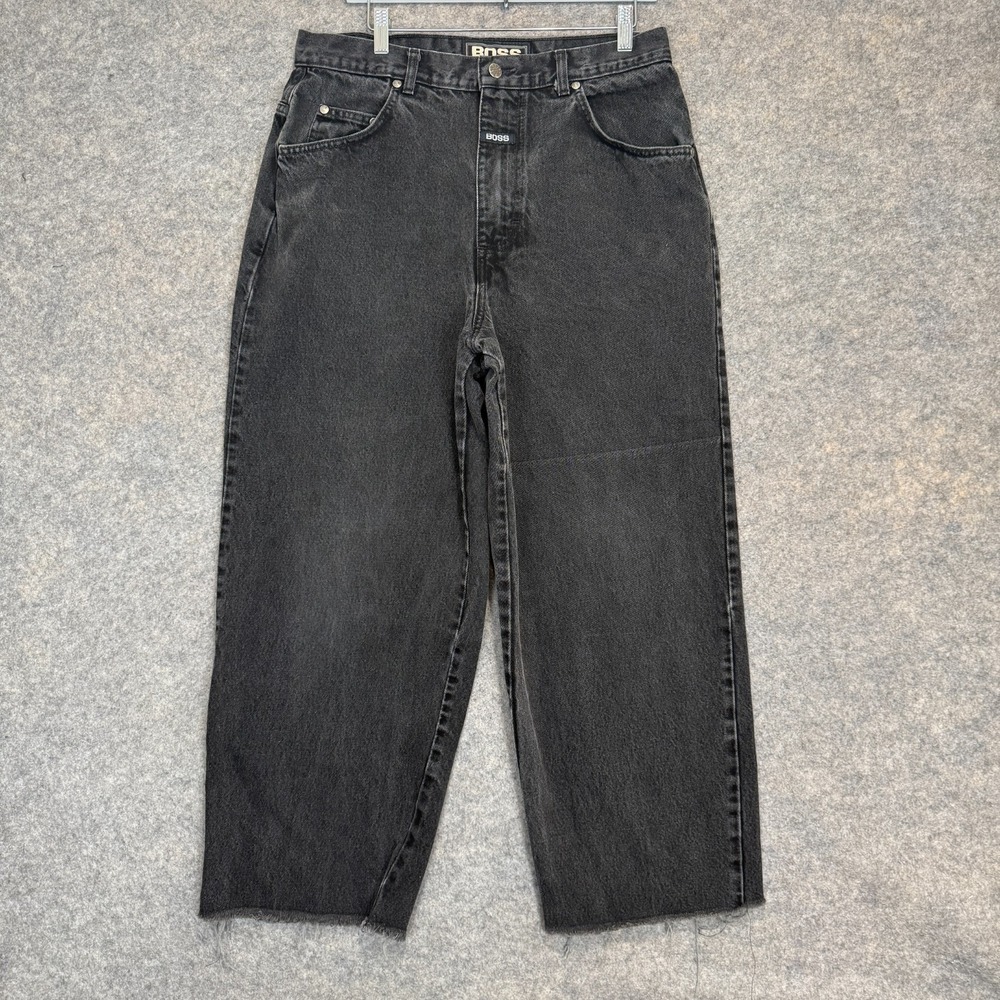 VTG Hugo Boss Baggy Jeans Mens 32 32x28 Frayed‎ Raw Hem 90s Relaxed Black Pants